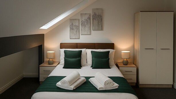 A hotel room with a bed, two nightstands, a wardrobe, and a sloped ceiling with skylight. - The Signature Residence (Newsome)