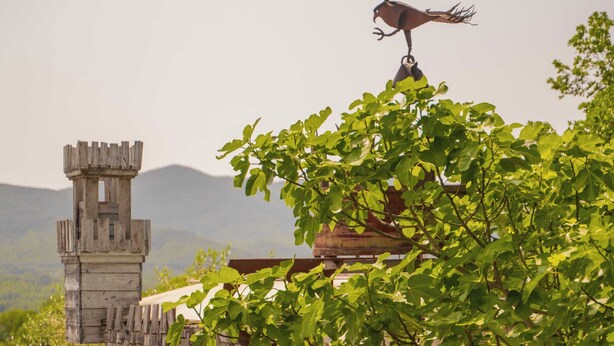 A rustic outdoor area with a wooden structure resembling a castle, a cactus planter, and a decorative bird sculpture. - Flight Country Resort (Castel dell'Aquila)