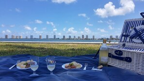 A picnic setup with a tablecloth, plates of food, glasses of white beverage, and a bottle on a grassy area with a city skyline in the background. - 1926 Mediterranean Home With Heated Pool Sleeps 12 (West Palm Beach)