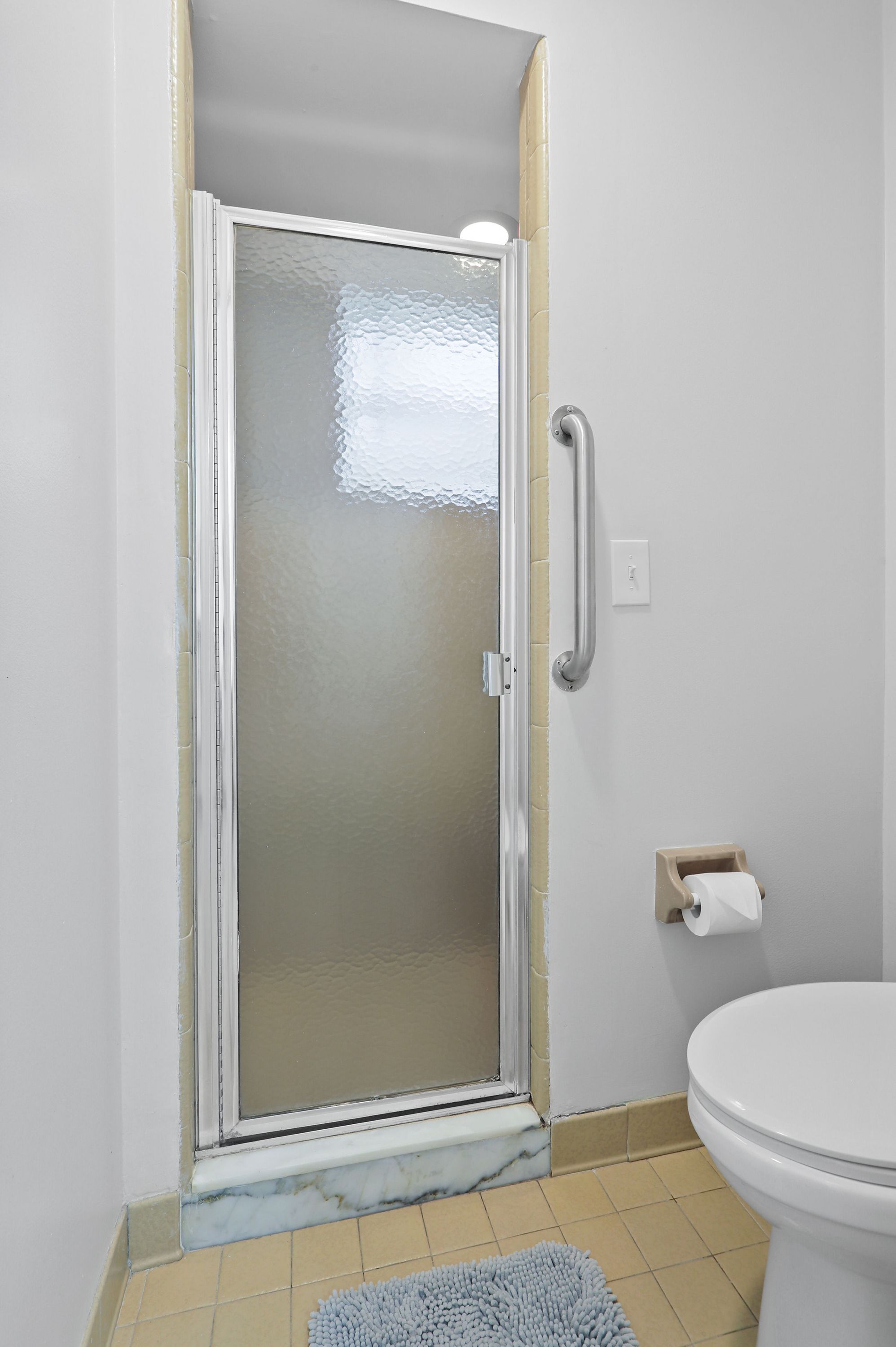 A bathroom with a glass shower door, a toilet, and a handrail.