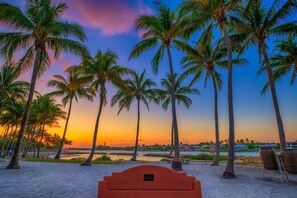 Ein Strand mit Palmen und einem Sonnenuntergang.