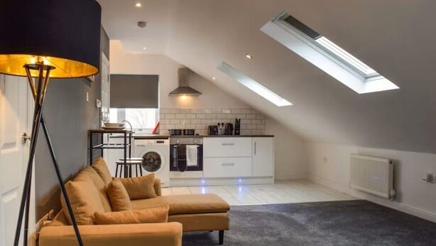 A modern loft apartment with a living area featuring a sofa and a floor lamp, a kitchen with white cabinets and a skylight, and a grey carpeted floor. - Elysian Residence (Newsome)