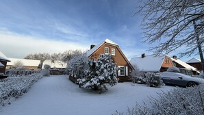 Un quartiere residenziale con case, un prato innevato e un'auto parcheggiata nel vialetto.