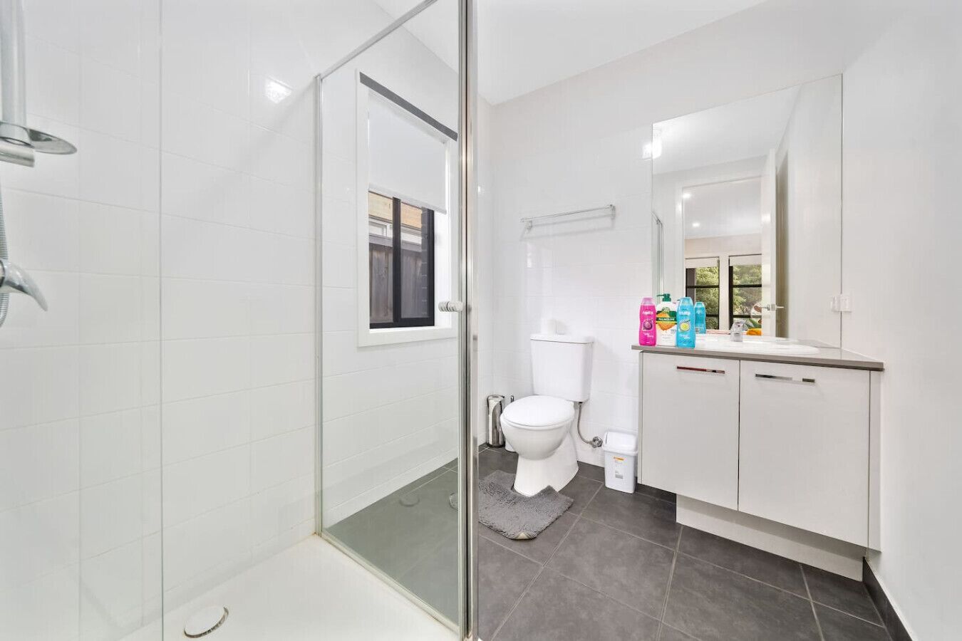 A modern bathroom with a glass shower enclosure, a toilet, and a vanity with a mirror.