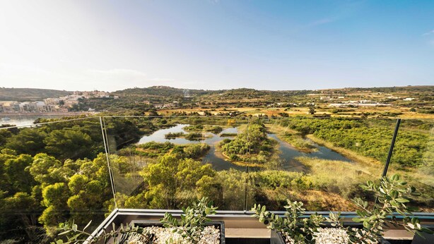 A scenic view from a high vantage point overlooking a river with surrounding greenery and distant buildings.