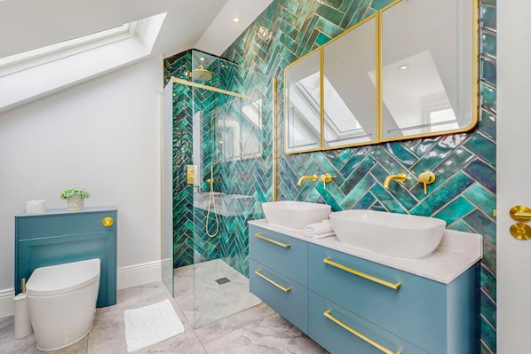 Shower, towels, toilet paper