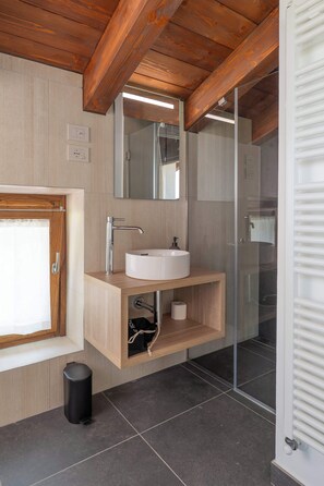 Shower, hair dryer, towels