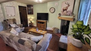 A living room with a sofa, a coffee table, a television, a fireplace, and a plant. - The Lodge and Gardener's Cottage at Historic Fairfield Court (Fairfield)