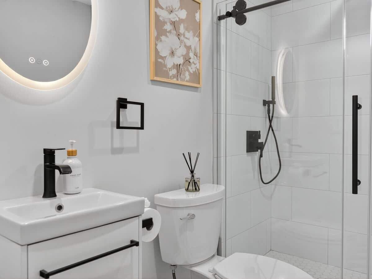 Hair dryer, towels, soap, shampoo