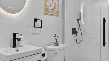 Hair dryer, towels, soap, shampoo