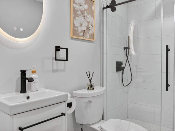 Shower, hair dryer, shampoo