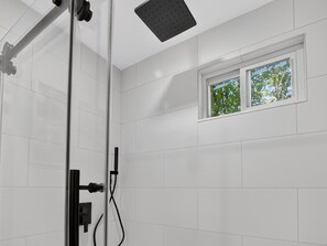Hair dryer, towels, soap, shampoo