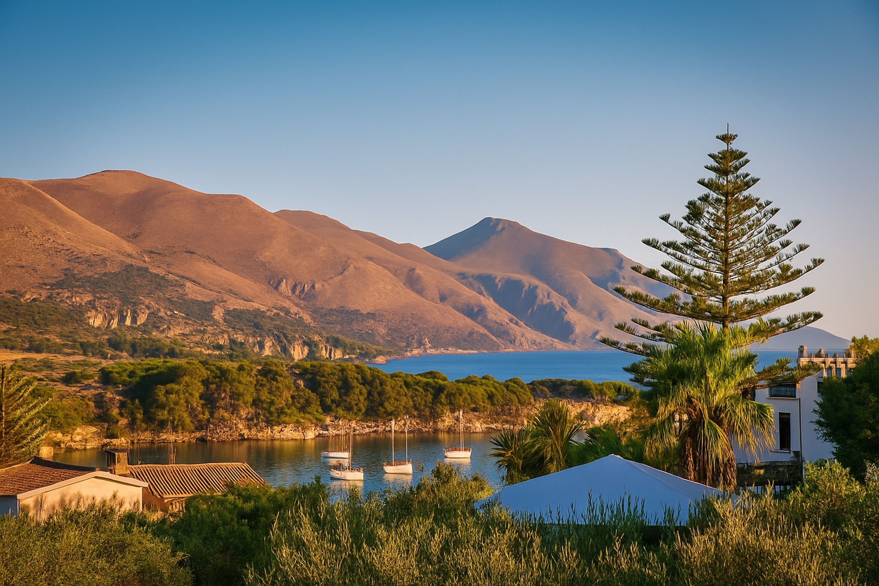 A coastal landscape with mountains, a lake, and boats.
