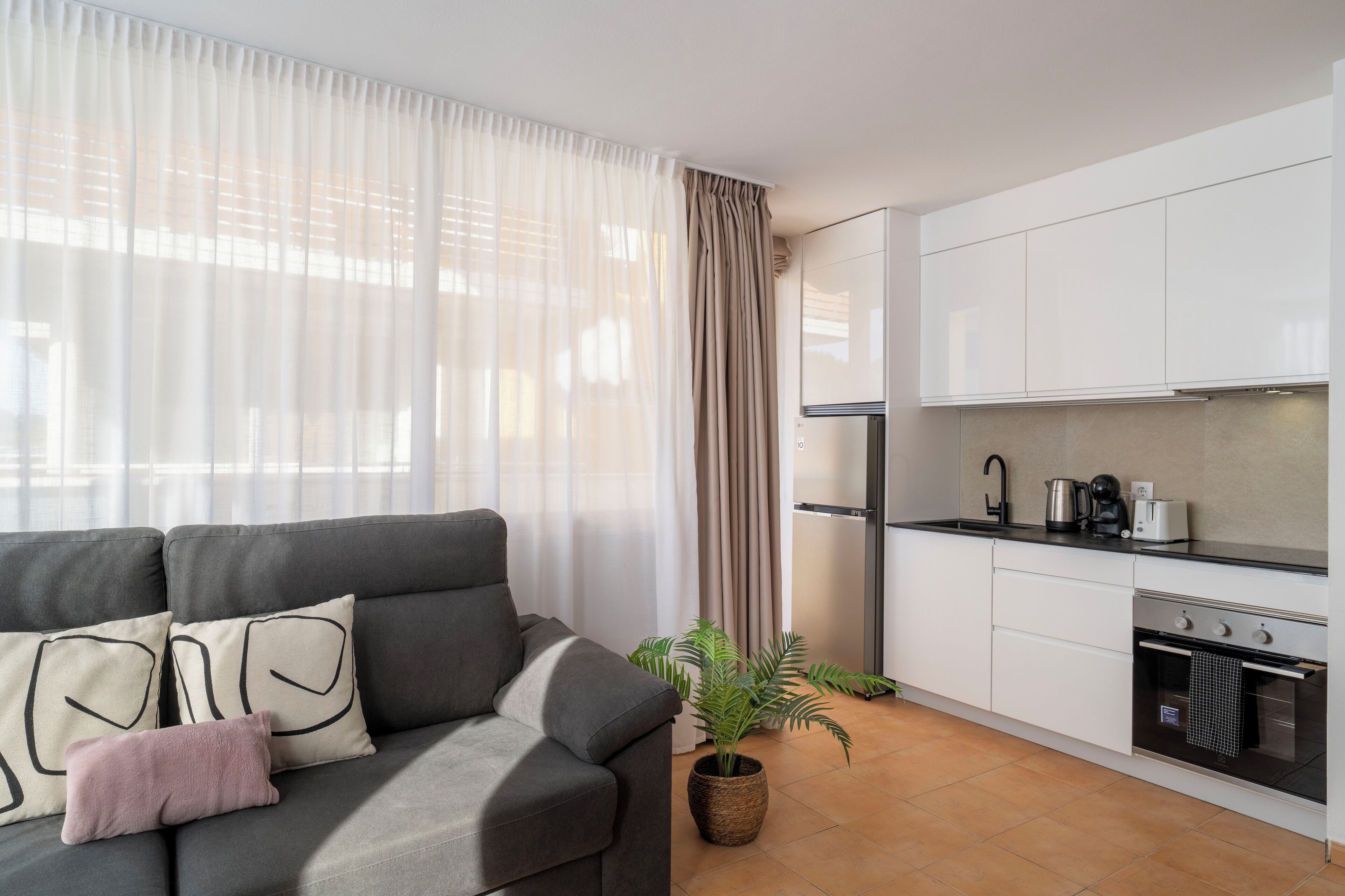 A modern living room with a grey sofa, a potted plant, and a kitchen area with white cabinets and a built-in oven.