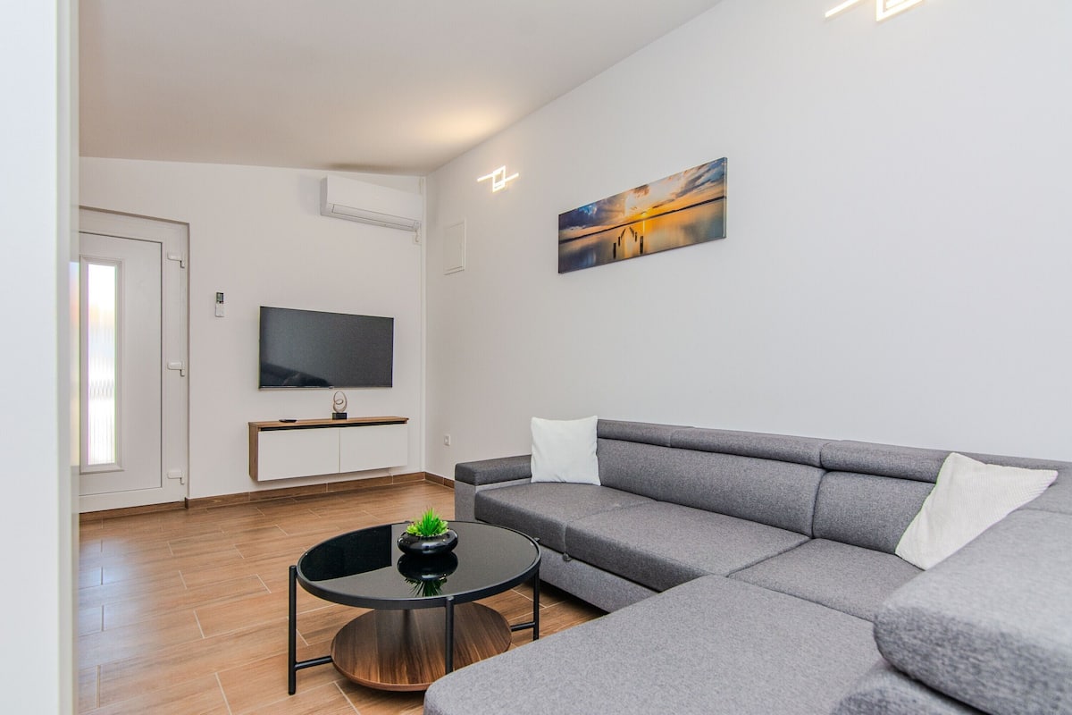 A modern living room with a grey sofa, a black coffee table with a plant, a flat-screen TV on a stand, and a painting on the wall.