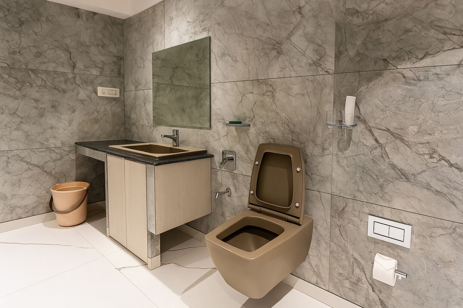 A modern bathroom with a marble wall, a sink, a toilet, and a trash bin.