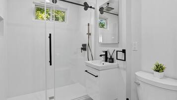 Hair dryer, towels, soap, shampoo