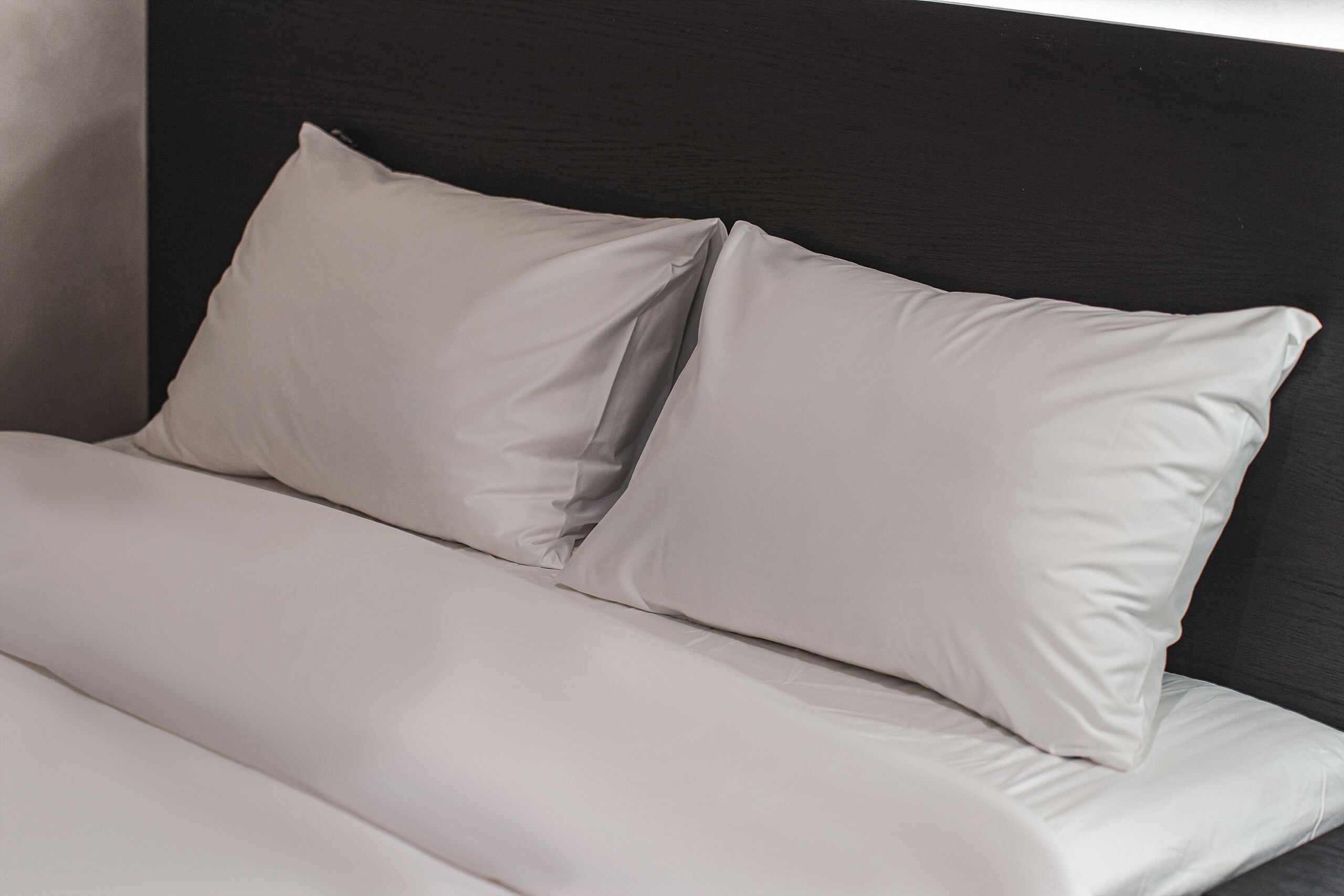 Una cama con dos almohadas y un cabecero oscuro.
