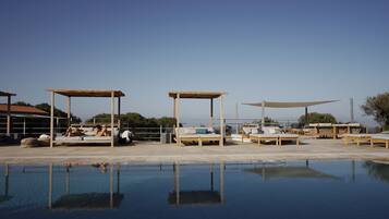 Seasonal outdoor pool, pool umbrellas, sun loungers