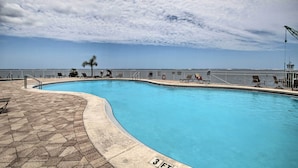 A swimming pool with a 3 ft depth marker, surrounded by lounge chairs and a palm tree.