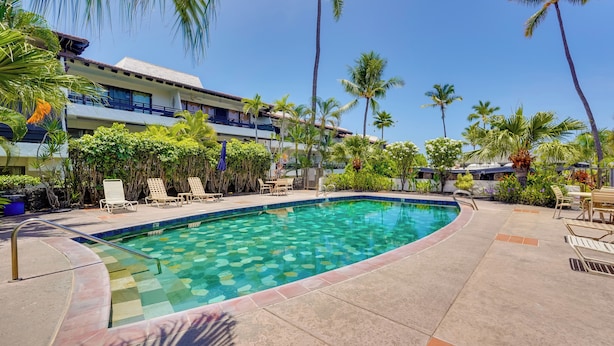 A pool area with lounge chairs, palm trees, and a building with balconies. - 50 Feet to Ocean: Kona Deluxe Ground-floor Unit! (Kailua-Kona)