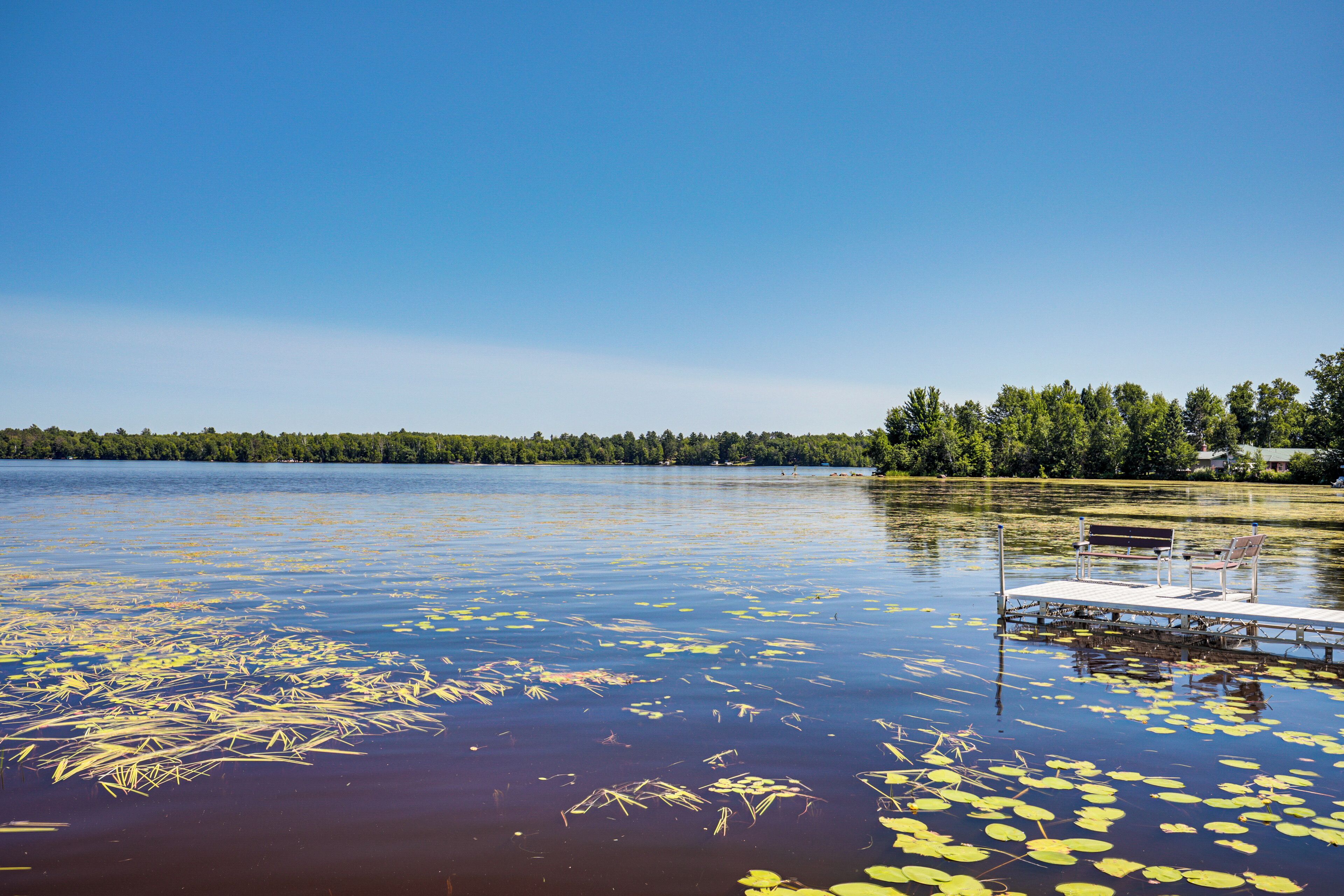 A lake with a dock and benches, surrounded by trees.