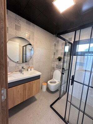 Dusche, Haartrockner, Handtücher, Seife