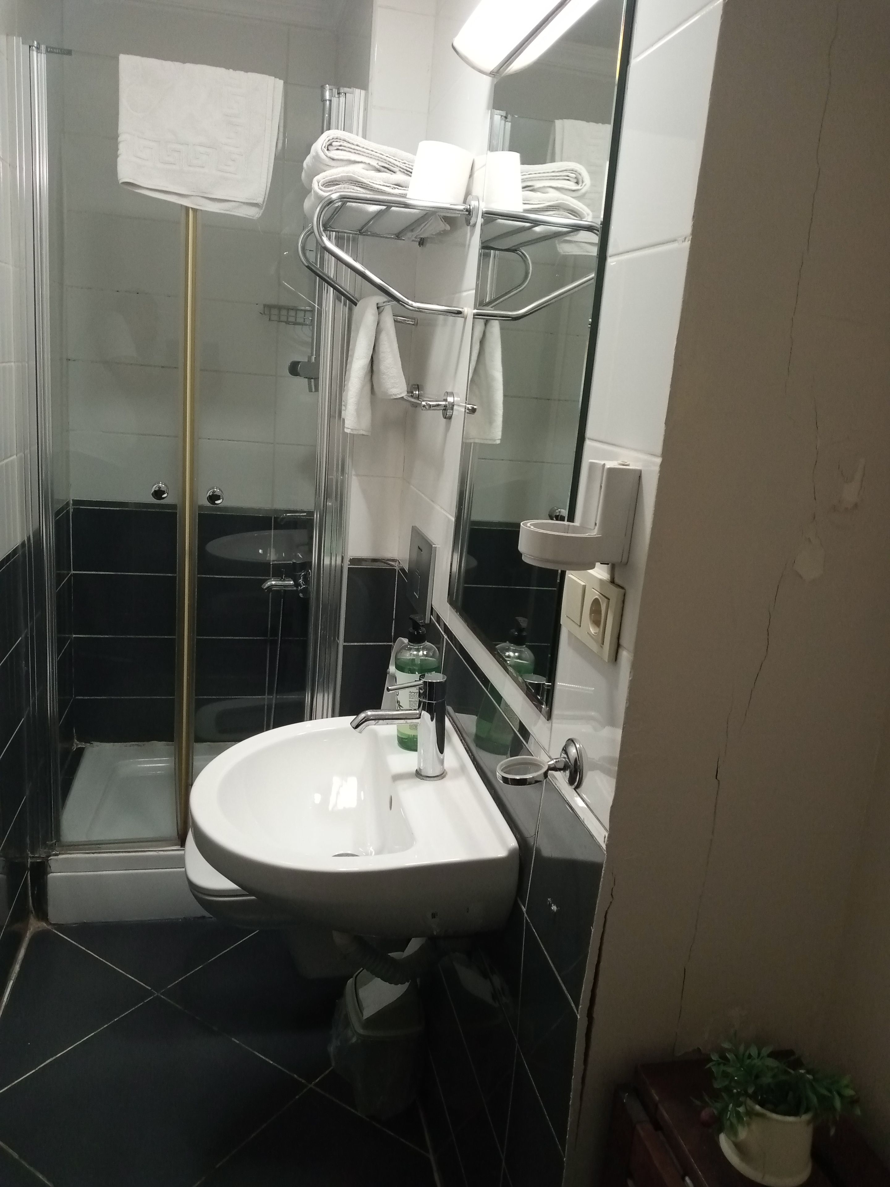 A bathroom with a glass shower enclosure, a white sink, and a towel rack.