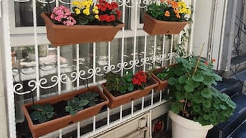 Una serie de macetas colgantes con diversas plantas y flores frente a una ventana con barandillas blancas.