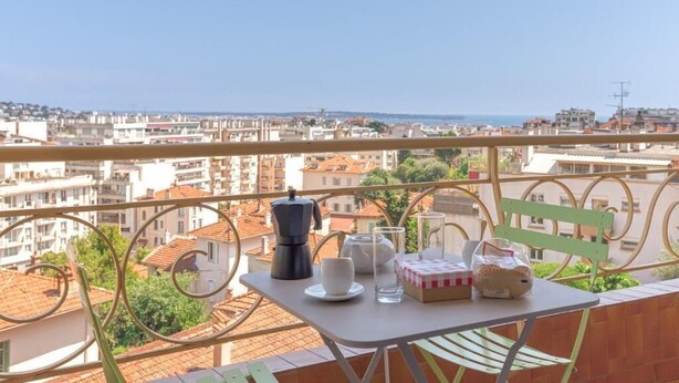 A balcony with a table set for two, a coffee maker, and a glass of water. The view includes a cityscape with buildings and a clear sky.