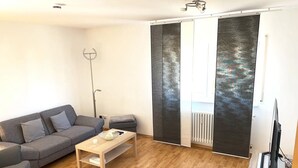 En stue med en grå sofa, et træbord, en gulvlampe, en skydedør med udsigt og et fjernsyn på et stativ.
