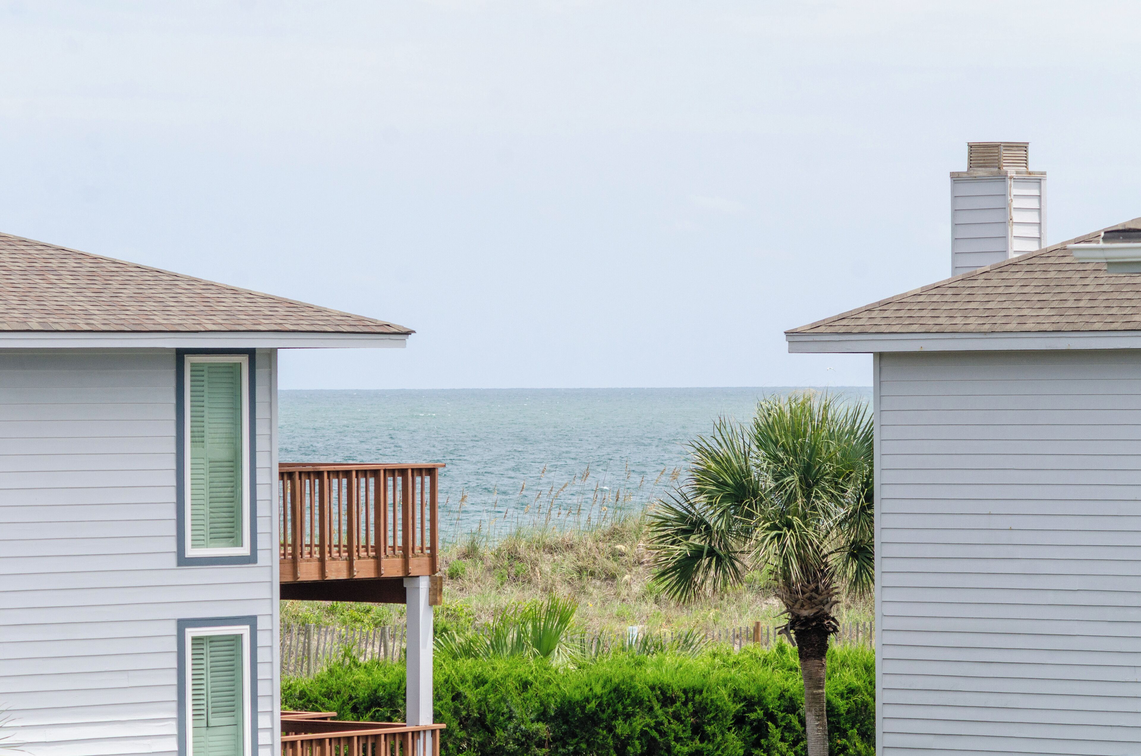 A beachfront property with a wooden deck overlooking the ocean, white siding houses, and a palm tree.