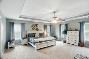 4 bedrooms, laptop workspace, iron/ironing board, cots/infant beds