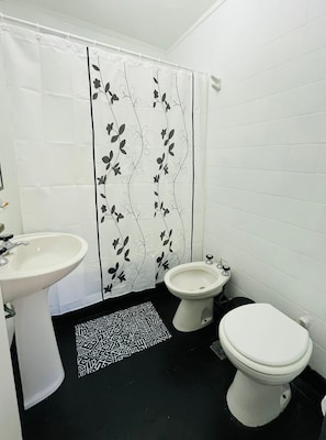 Secador de pelo, bidet, toallas, jabón