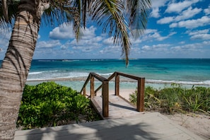 A wooden pathway leading to a beach with clear turquoise waters and a palm tree. - Veselka - Remodeled Home On Double Bay Beach 3 Bedroom Home (Double Bay)