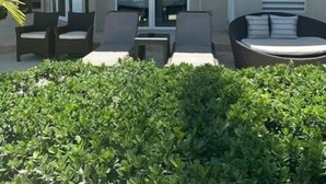 A covered outdoor seating area with chairs and a sofa, a thatched roof, and a view of the surrounding greenery. - Sky Beach Club Bungalow 3 Steps From Beach W/ Club, Pool 1 Bedroom Bungalow (Governor's Harbour)
