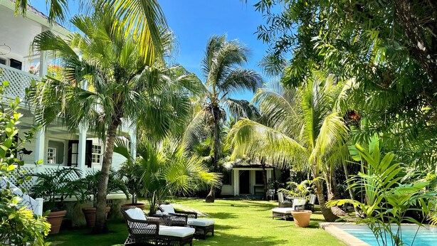 A lush garden with a pool, wicker furniture, and a white building with a thatched roof. - Hibiscus Hill Kings Treat - Ultimate Island Style House W/pool 3 Bedroom Home (Dunmore Town)