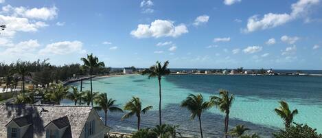 Un resort con una terraza de madera que da a aguas turquesas, rodeado de palmeras y un cielo despejado.