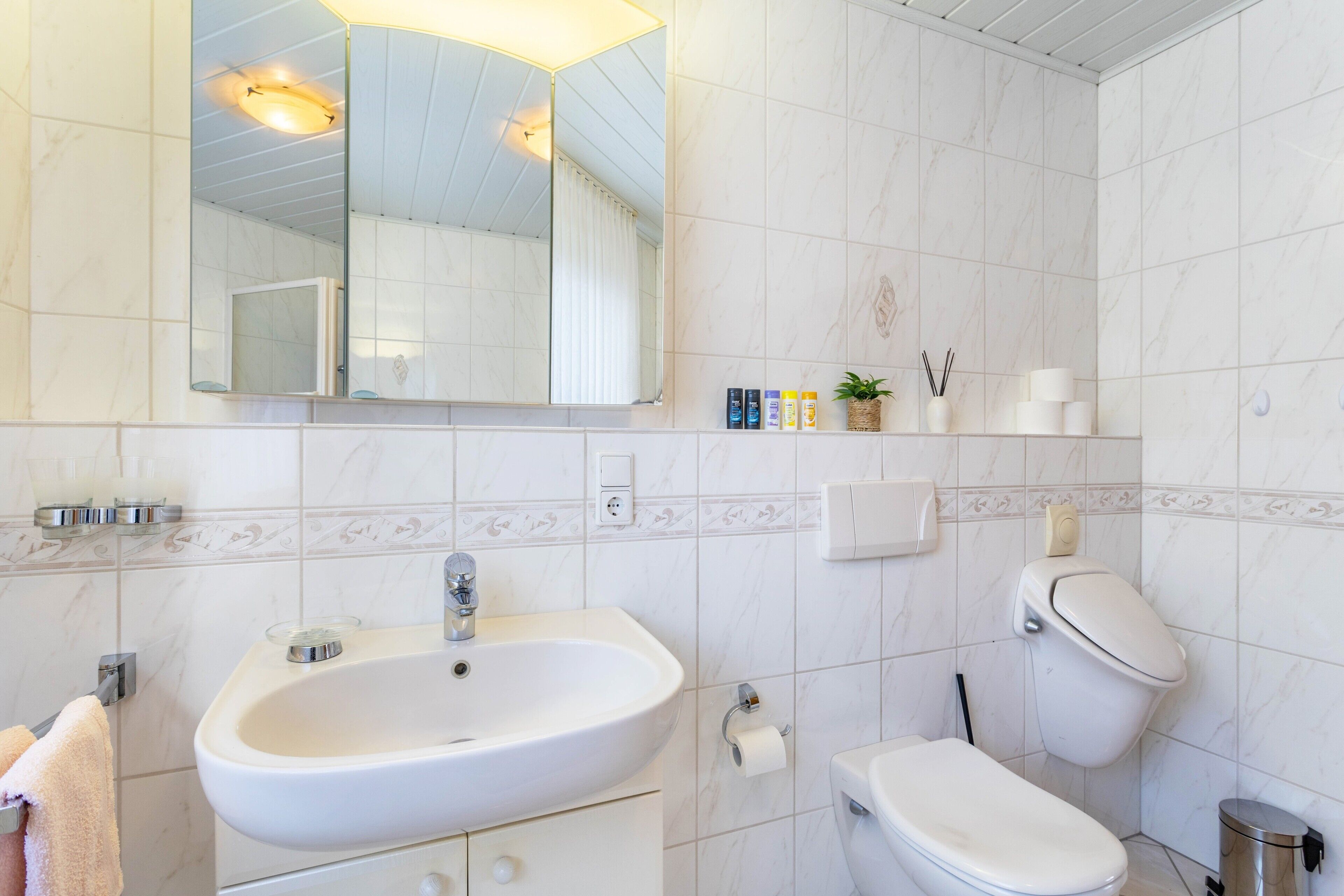 A bathroom with a sink, toilet, and mirror.
