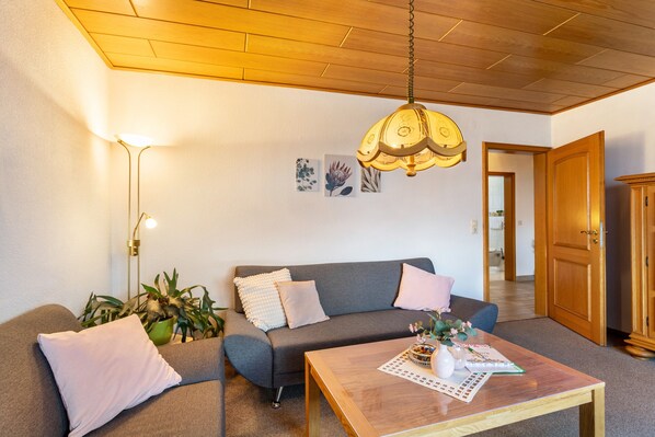 Ein Wohnzimmer mit einer Couch, einem Couchtisch, einer Hängelampe und einer Tür zu einem anderen Raum.