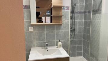 Dusch, hårtork, handdukar och toalettpapper