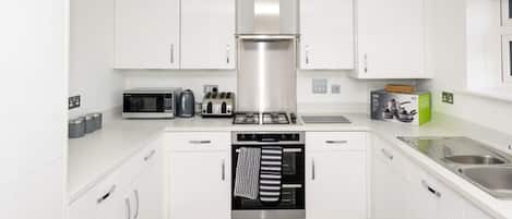 Fridge, oven, dishwasher, cookware/dishes/utensils