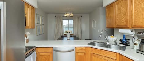 Fridge, microwave, oven, dishwasher