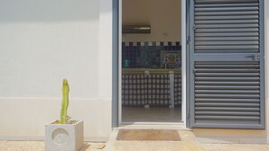 Ein Betonpflanzgefäß mit einem Kaktus, eine Glasschiebetür und ein gefliestes Rückwandfeld sind durch die Tür sichtbar.