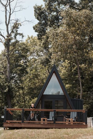A modern, triangular wooden cabin with a glass front, surrounded by trees. - Cabin 1: Unplug, unwind, unearth your peace at The Wildflower. (Princeton)