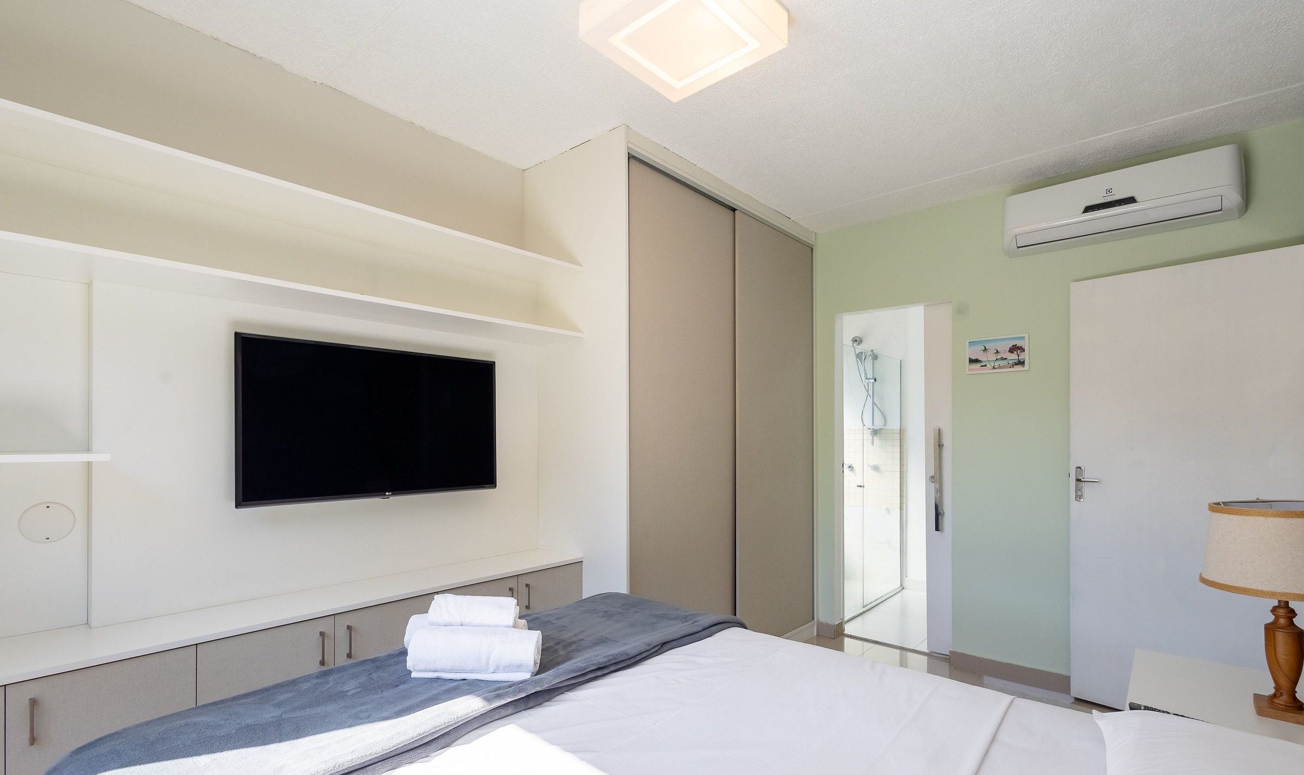 Habitación de hotel con cama, televisor de pantalla plana montado en la pared, zona de ducha y aire acondicionado.