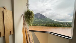 Un balcon avec un hamac, une plante suspendue et une vue sur une rivière et des montagnes.