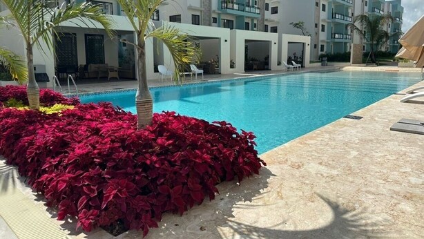 A swimming pool with a clear blue water, surrounded by a tiled deck and red flowering plants.