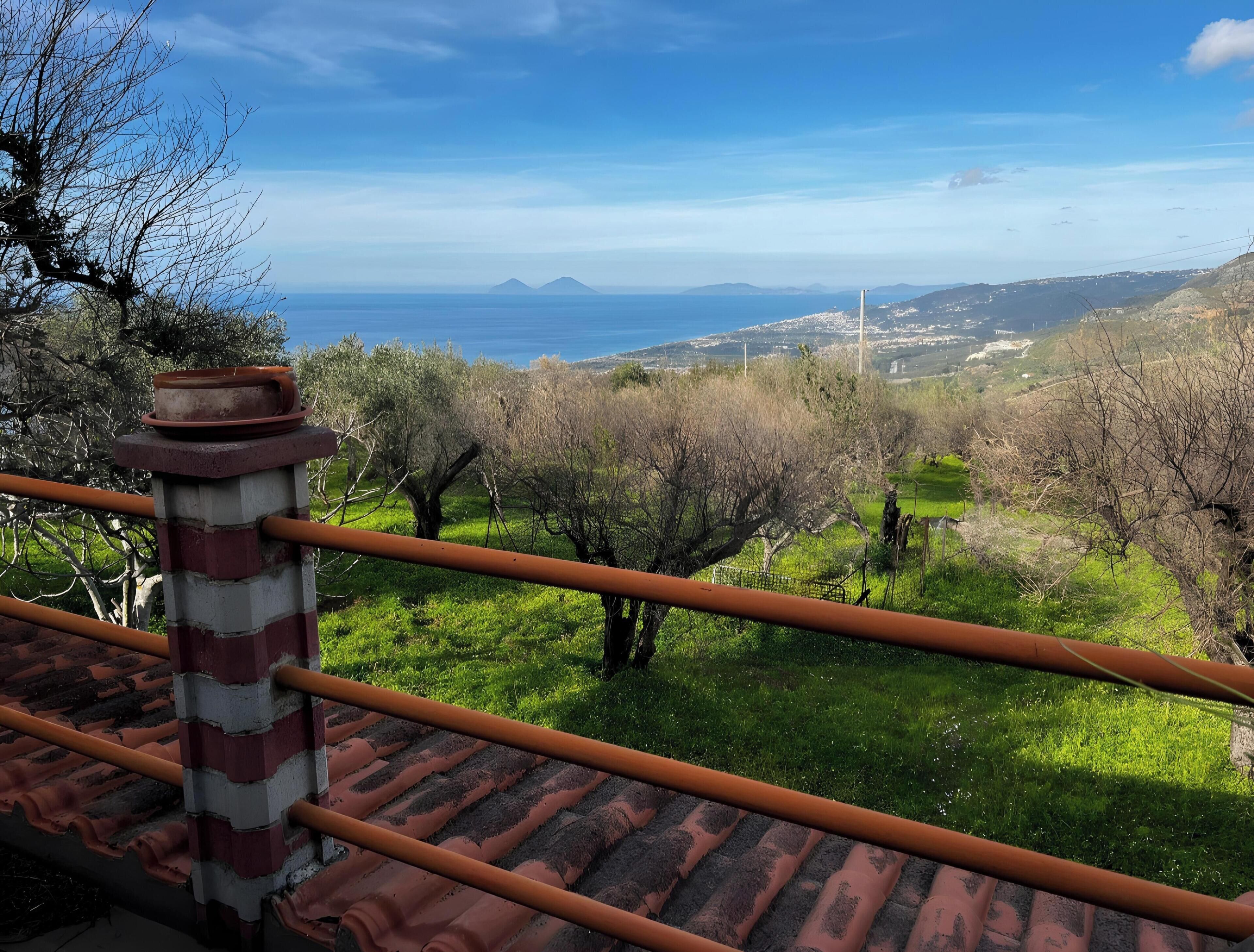 A balcony with a view of a coastal landscape, including olive trees and distant mountains.