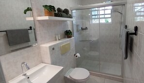 Shower, hair dryer, towels, soap
